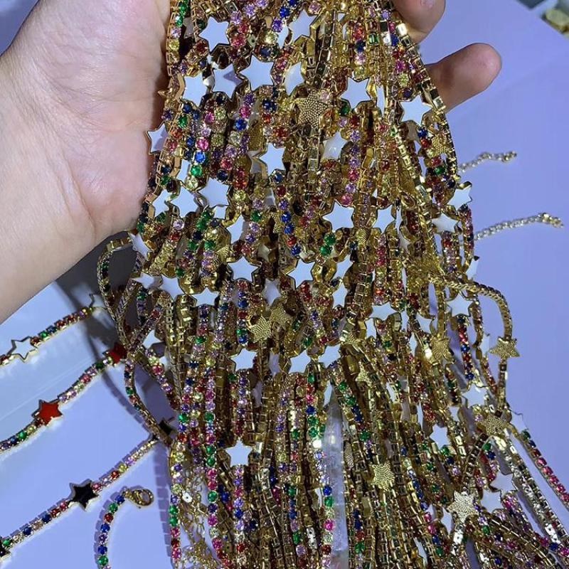 Chic Dainty Gold Minimalist Rainbow CZ Diamond with Enamel Star charm Choker Necklace