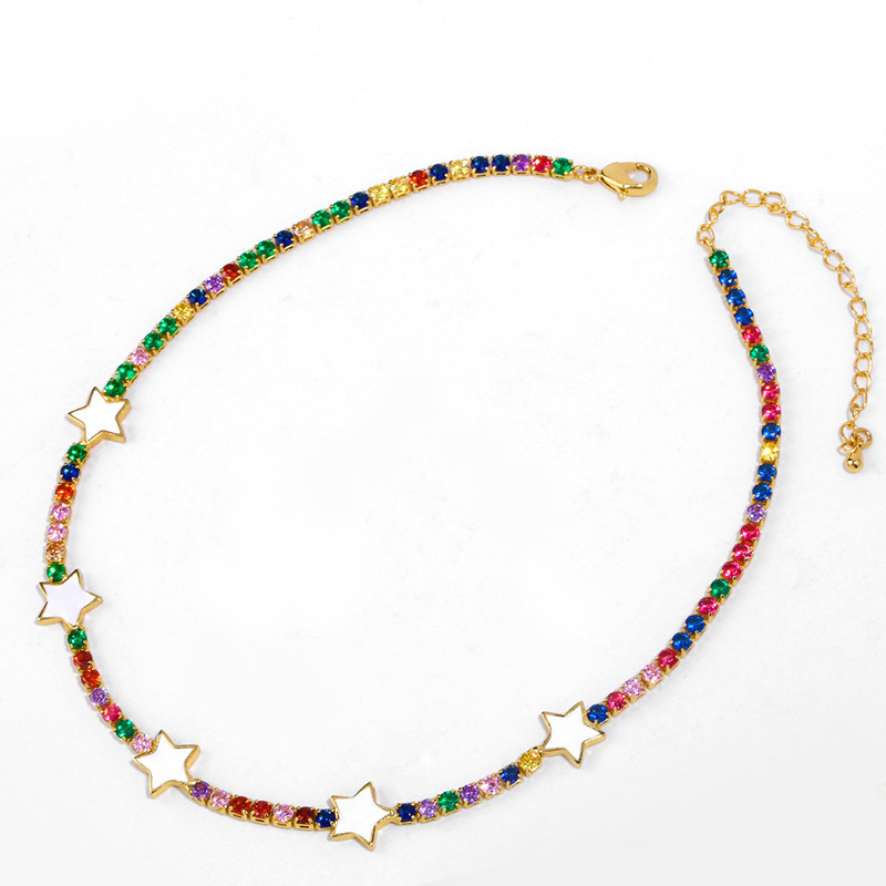 Chic Dainty Gold Minimalist Rainbow CZ Diamond with Enamel Star charm Choker Necklace