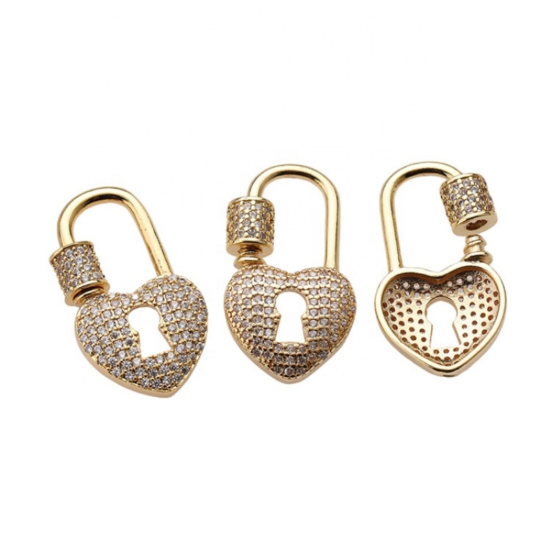 Custom Wholesale Women Fashion KC Gold Plated Zircon Brass Heart Lock Carabiner Jewelry Accessory for Bracelet Necklace Making