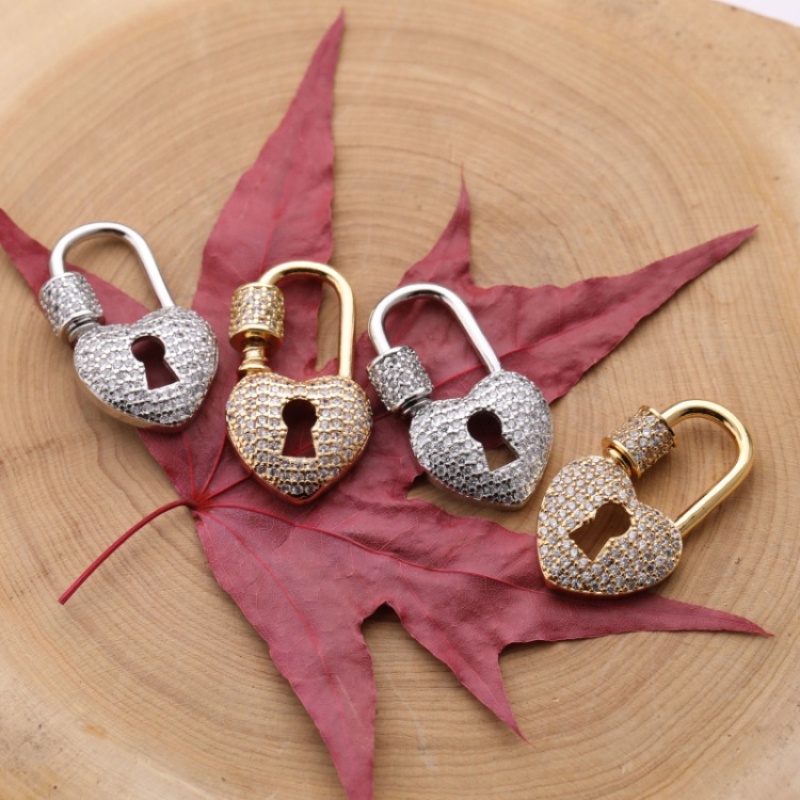 Custom Wholesale Women Fashion KC Gold Plated Zircon Brass Heart Lock Carabiner Jewelry Accessory for Bracelet Necklace Making