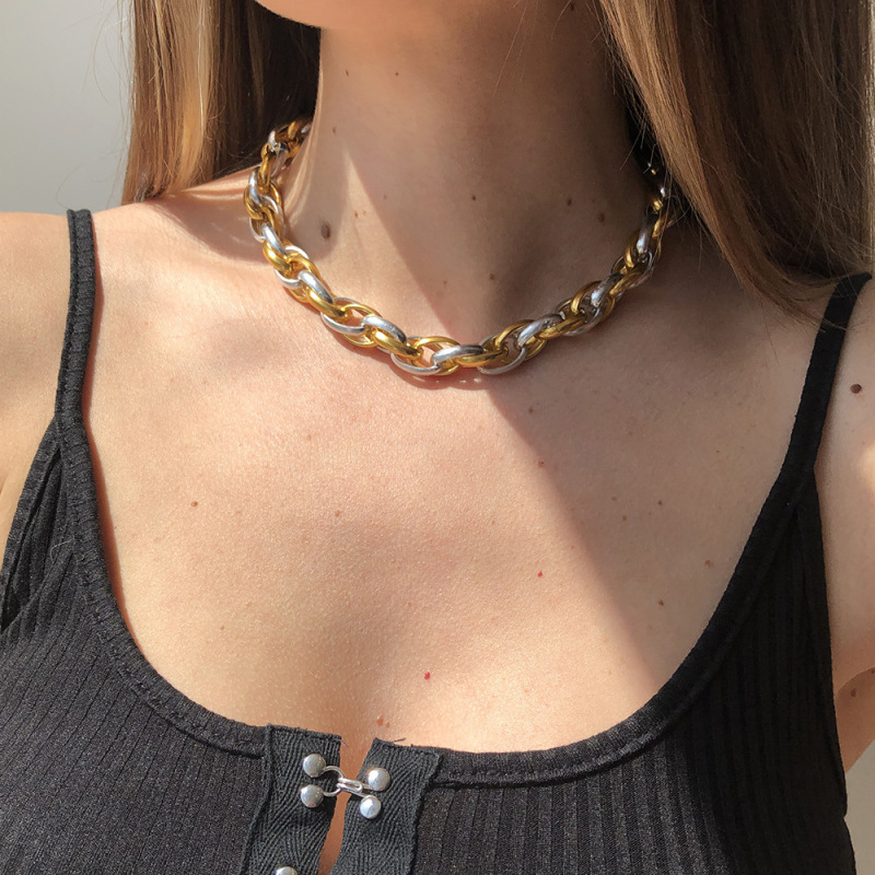 Punk Style Geometric Thread Splicing Customized Gold Silver Link Chain Hip Hop Cuba's Necklace For Unisex
