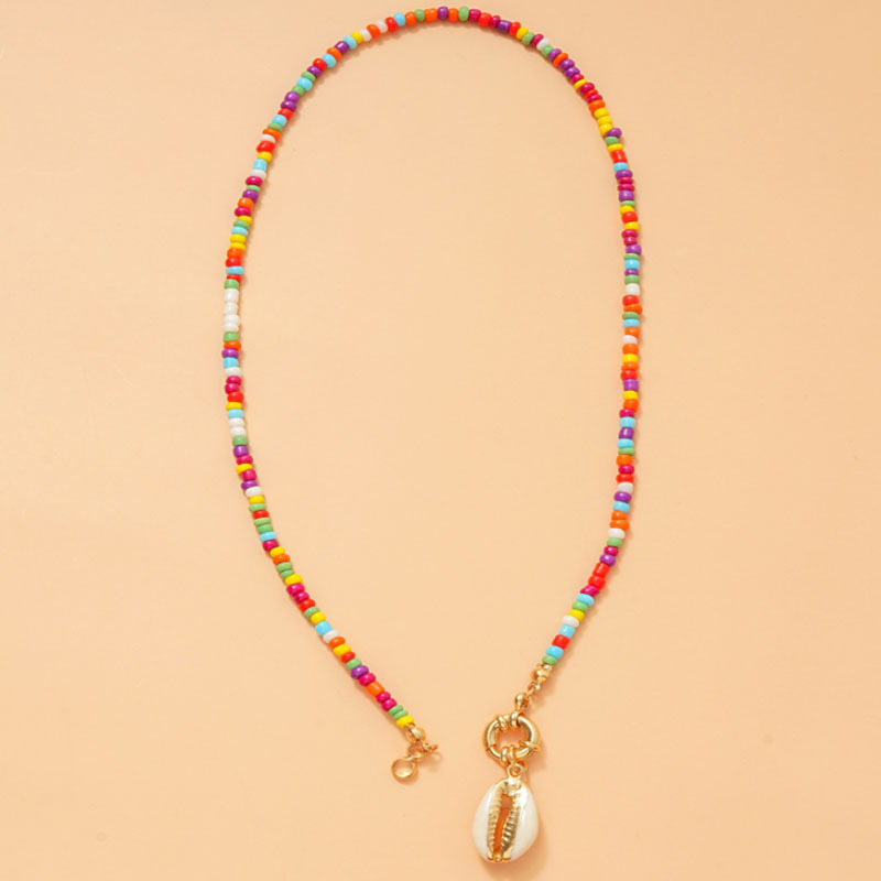 Bohemian Safe Zinc Alloy Shell Charm Multicolor Seed Bead Choker Necklace