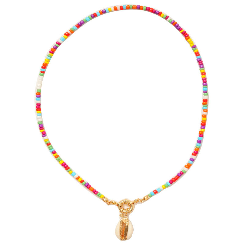 Bohemian Safe Zinc Alloy Shell Charm Multicolor Seed Bead Choker Necklace