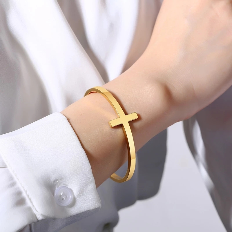 Minimalistic Design Open Sideways Cross Bangle Stainless Steel Cross Cuff Bracelet For Women Gift