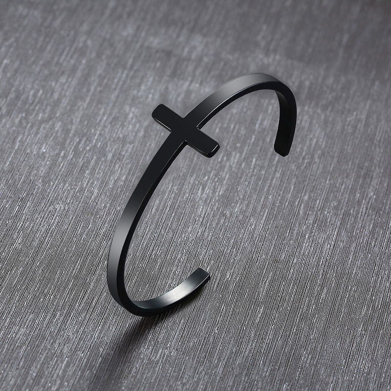 Minimalistic Design Open Sideways Cross Bangle Stainless Steel Cross Cuff Bracelet For Women Gift