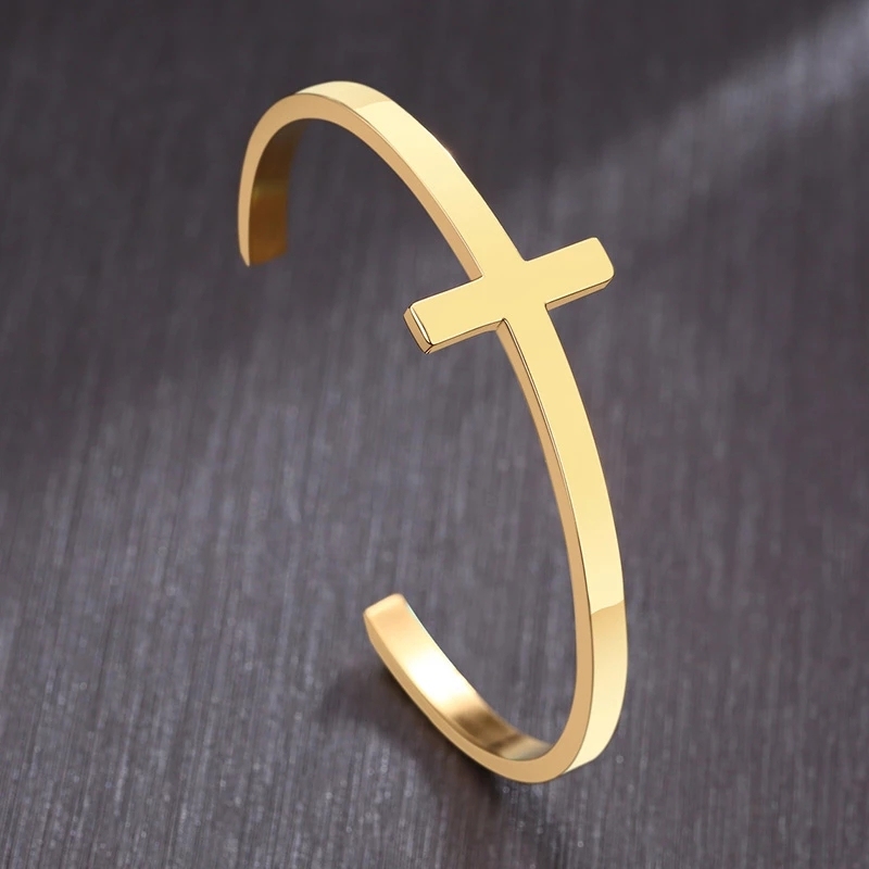 Minimalistic Design Open Sideways Cross Bangle Stainless Steel Cross Cuff Bracelet For Women Gift
