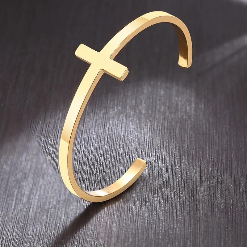 Minimalistic Design Open Sideways Cross Bangle Stainless Steel Cross Cuff Bracelet For Women Gift