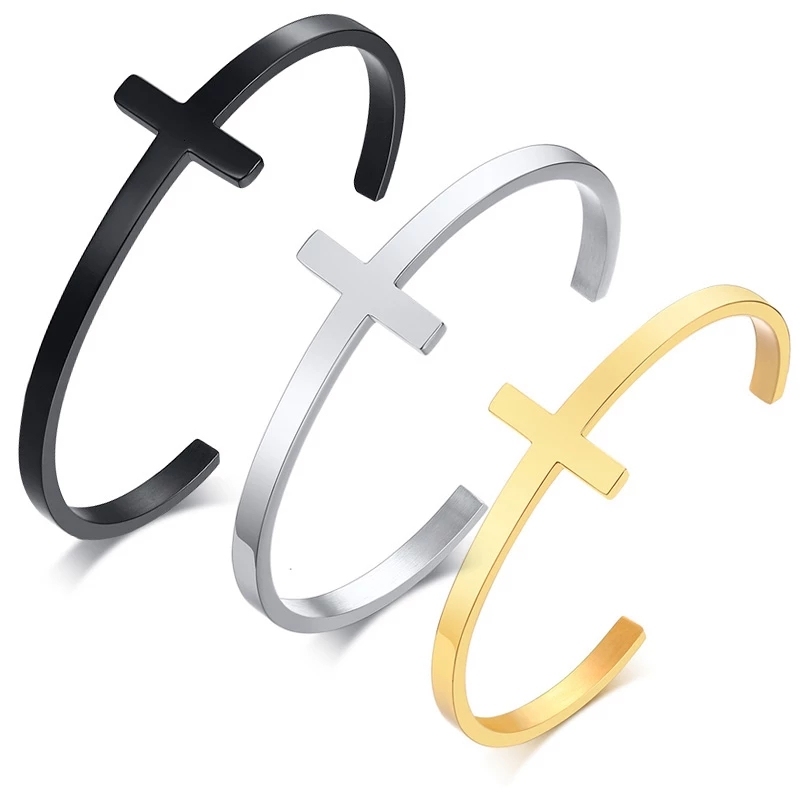 Minimalistic Design Open Sideways Cross Bangle Stainless Steel Cross Cuff Bracelet For Women Gift