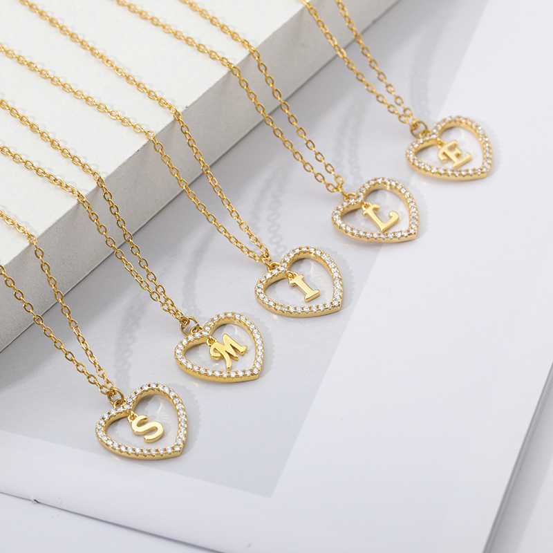 Unique Jewelry Love Heart Hollow Necklace 26 Letters Pendant Brass Zircon Heart Shaped Stainless Steel Chain