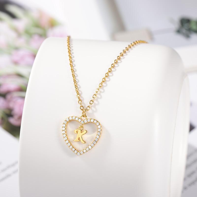Unique Jewelry Love Heart Hollow Necklace 26 Letters Pendant Brass Zircon Heart Shaped Stainless Steel Chain