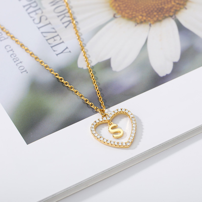 Unique Jewelry Love Heart Hollow Necklace 26 Letters Pendant Brass Zircon Heart Shaped Stainless Steel Chain