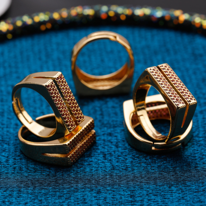 Classic Design Copper Gold Plated Ring Geometrical Shape Rose Red Zircon Rings Jewelry Women Handmade 2021 New Arrival Wholesale