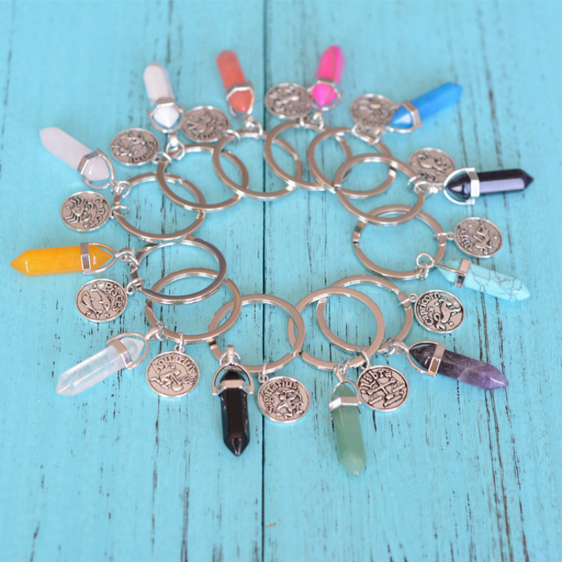 Natural Stone Pink Purple Crystal Antique Silver Bag Charm Bullet Shape Zodiac Keychain Rings