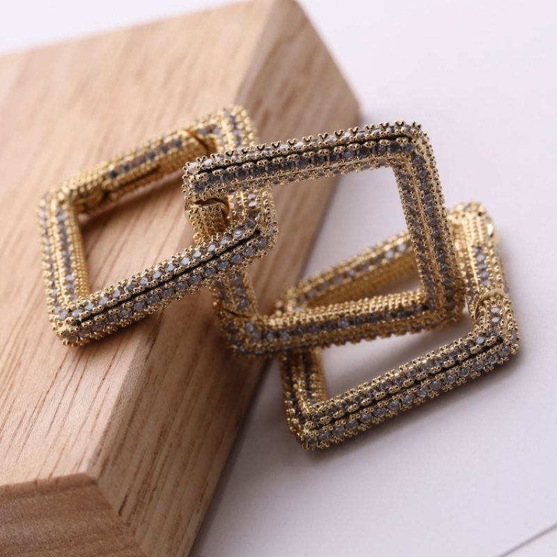 Clear CZ Gold Micro Pave Square Clasp Carabiner Clasp Square Pendant For Necklace Jewelry Findings 25MM