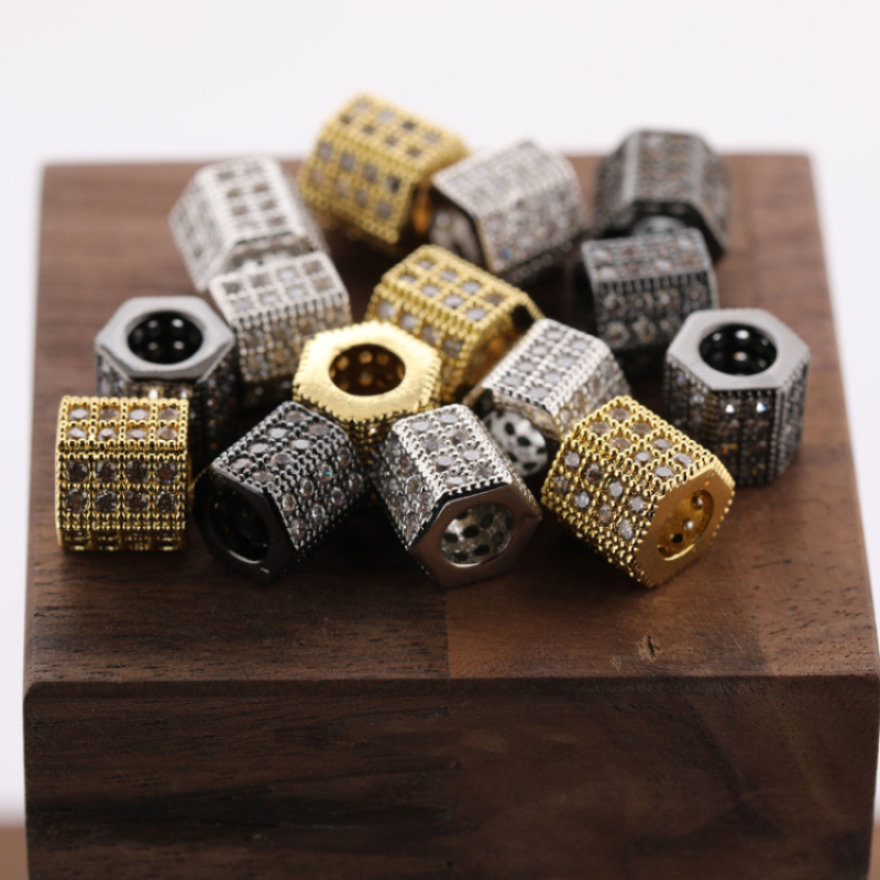 Jewelry Findings CZ Micro Pave Brass Hexagon Beads Gold Silver Fit for DIYJewelry Bracelet Making