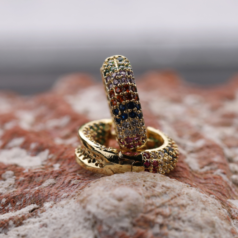 Online Fashion Jewellery 18K Gold Rainbow Cubic Zirconia Huggie Hoop Earrings