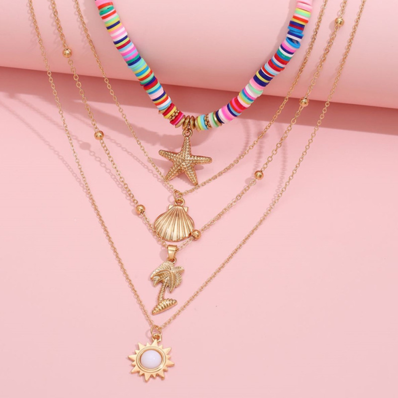 18k gold plated  retro necklace fashion sun starfish shell pendant  layered choker jewelry for women