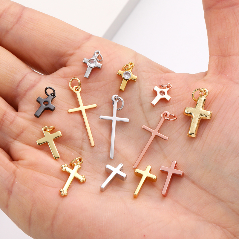 Wholesale Diy Making Pendants Religion Cross Baroque Charm 18k Gold Filled Charms Plated Sparkly Zircon Copper Jewelry