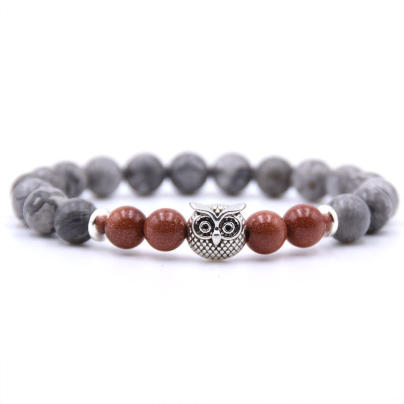 Mens 8 MM Stone Bracelet Jewelry Antique Silver Plated Lively Owl Charm Bracelet