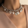 Temperament Single Layer Metal Clavicle Chain Baroque Exaggeration Round Head Coin Imitation Pearl Pendant Necklace