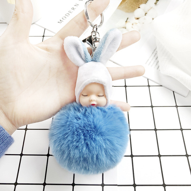wholesale Fur Puff  Key holder Ball Shape green Pom pom kids Silver frenchie  anime rabbit Keychain