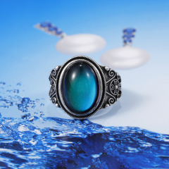2021 New Arrival Antique Silver Plated Brass Metal Changing Color Mood Beads Stone Ring for Men
