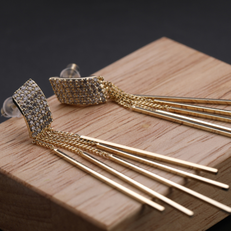 18K Gold Plated Korea Style Micro Insert CZ Zircon Rhombus Metal Chain Tassel Earring for Gift