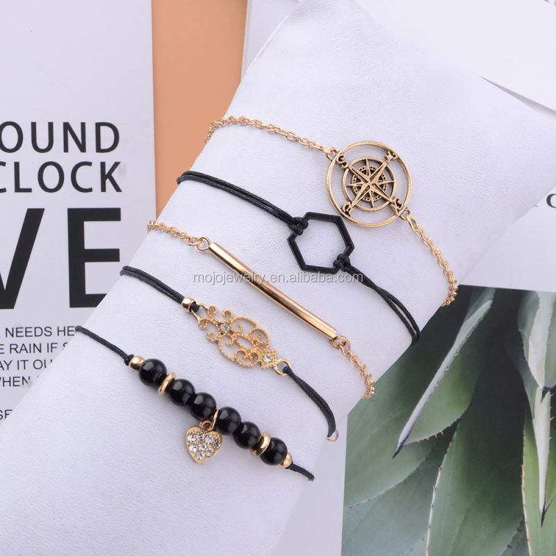 Custom 5 Pcs/Set Hot Sale Handmade Fashion Gold Plated Black Rope Women Jewelry Charm Wristband Chains Bracelet Set