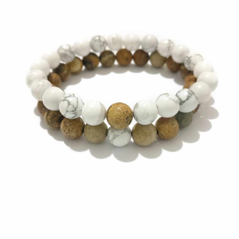 Hot Fashion 8mm Howlite Picture Jasper Beads Men's & Women  Couple Energy Stone Mala Bracelet Set