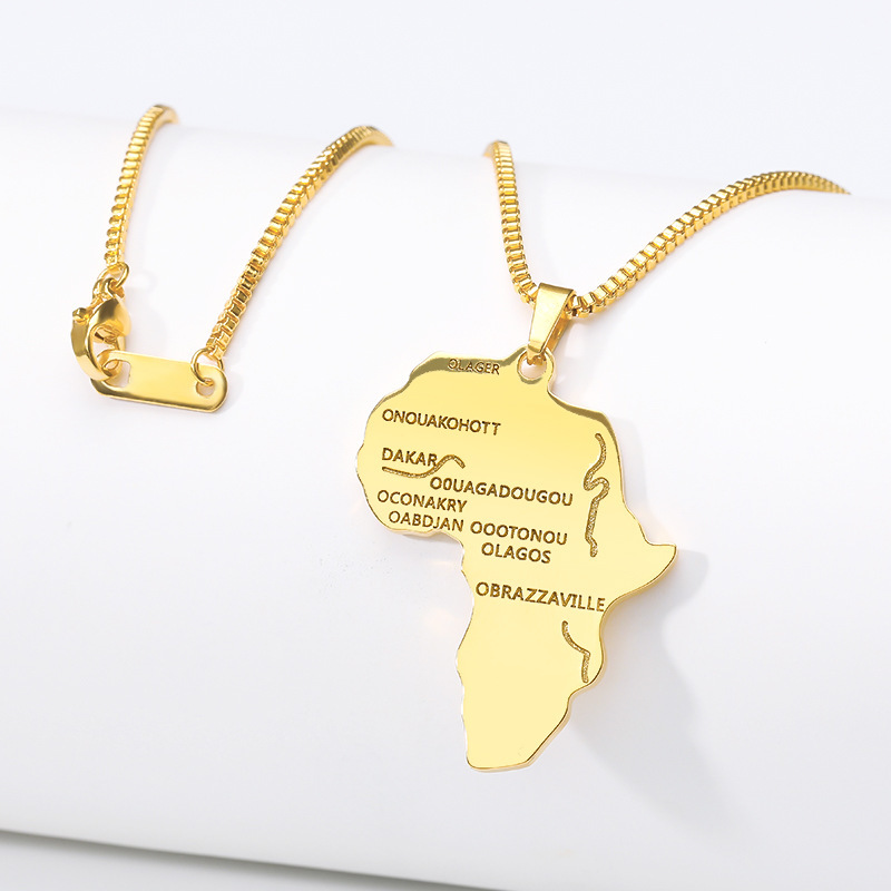 Gold-Plated Africa Map Hip-Hop Necklace Chain Jewelry  Popular Stainless Steel Necklace Accessories For Mens