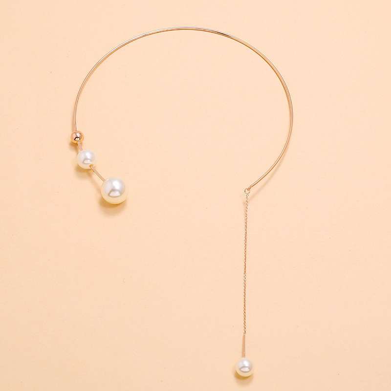 New Retro Pearl Tassel Asymmetry Metal Chain Clavicle Chokers Necklaces Collar Buckle for Women Jewelry