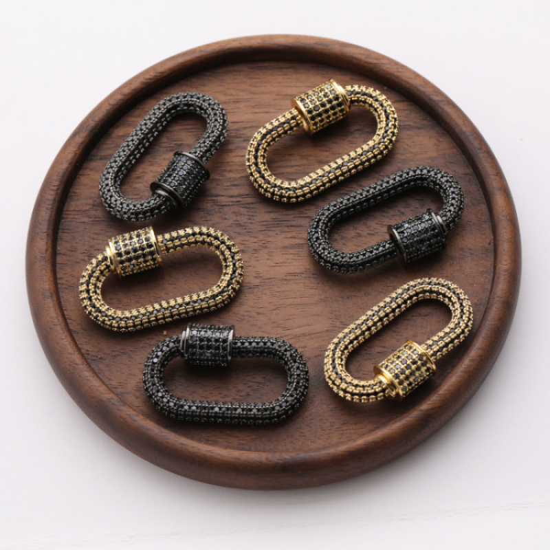 Trendy Gold Plated Full Multi Color Zircon CZ Micro Pave Oval Shape Brass Screw Lock Clasps Carabiner for Jewelry Making