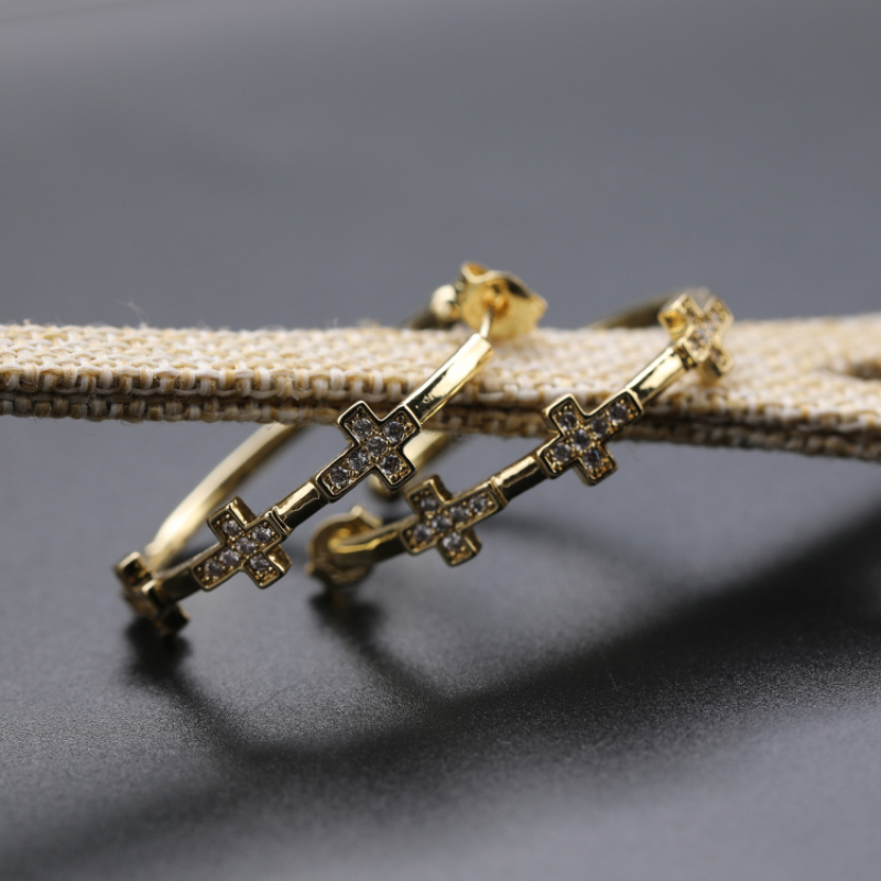 New 2021 Trendy Micro Insert Zirconia Gold Brass Design Charm Jewelry Circle Cross Hoop Earrings for Women and Girl