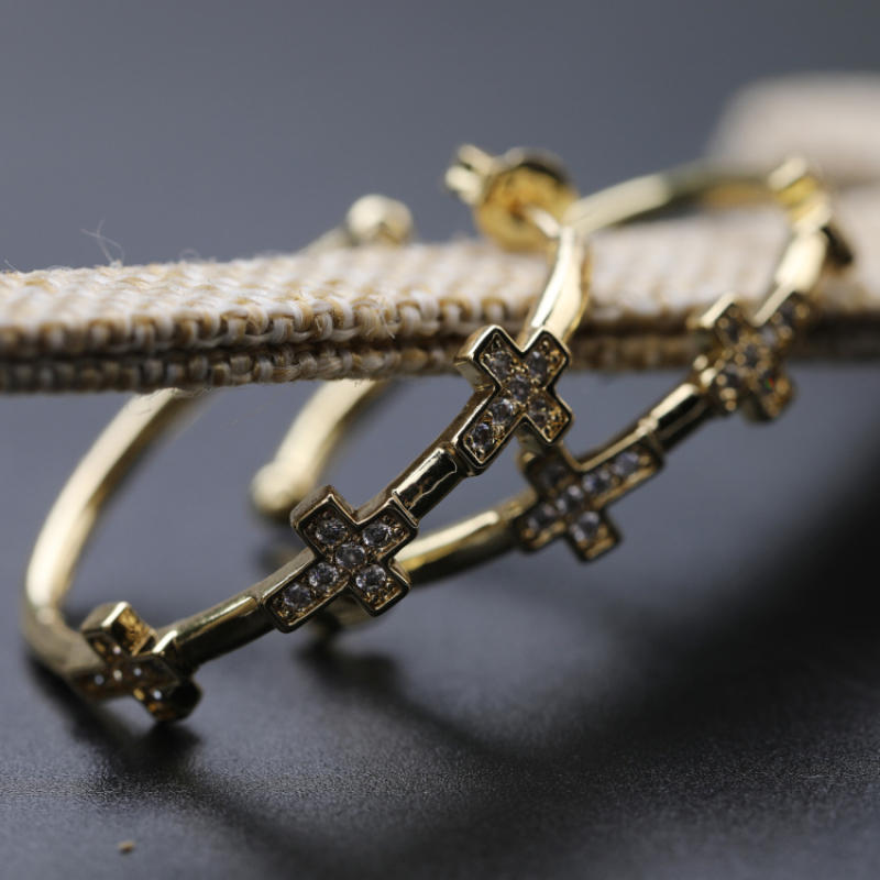 New 2021 Trendy Micro Insert Zirconia Gold Brass Design Charm Jewelry Circle Cross Hoop Earrings for Women and Girl