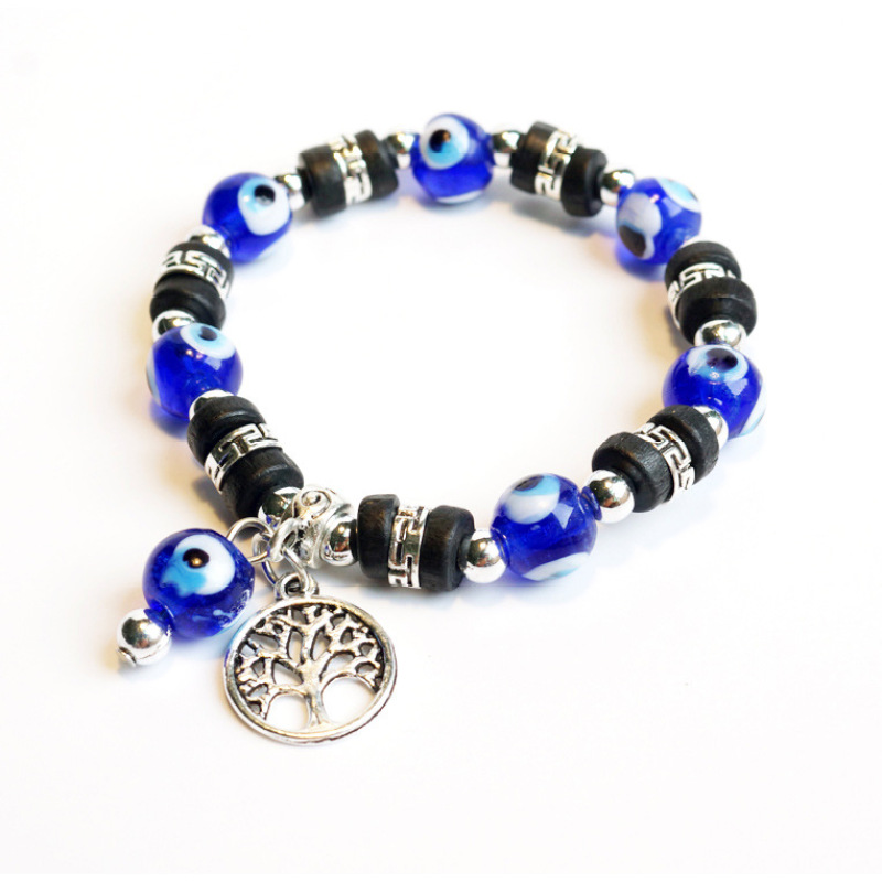Vintage devil eye bangle Turkish blue eyes jewelry openwork round tree pendant evil eyes bracelet