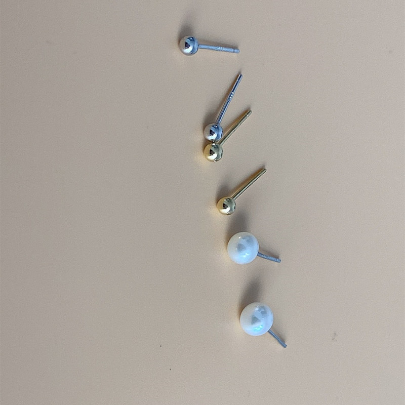 3Pairs 2022 New Arrivals 925 Sterling Silver Round Shape Jewelry Simple Pearl Little Gold Bead Stud Earring for Girls