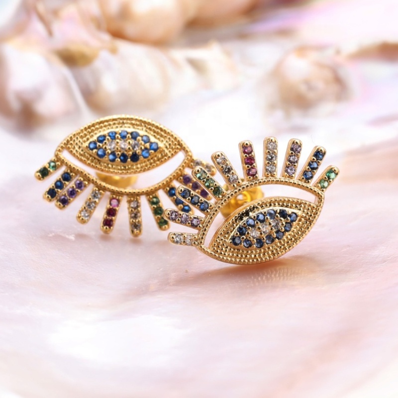 New Handmade Micro Insert Zirconia Gold Brass Lifelike Nazar Boncuk Stud Earring Jewelry