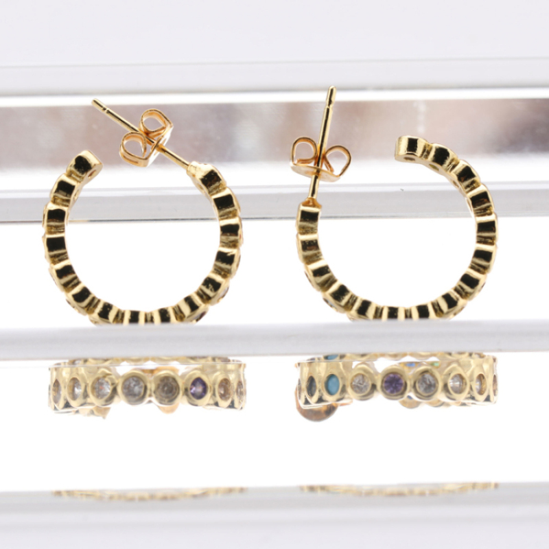 Hot Sale Womens Beautiful Gold Plated Brass Earring Round Colorful  Zircon Stud Earring Jewelry