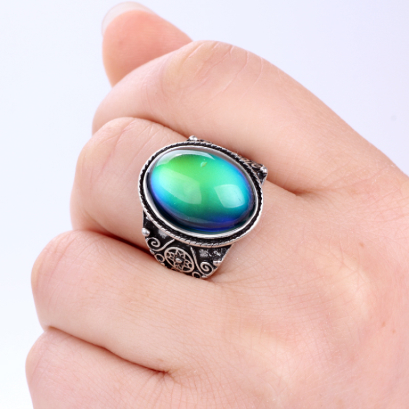 Fashion Design Bohemian Style Silver Plated Alloy Mood Oval Stone Ring