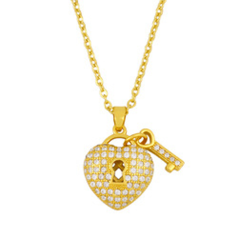 2021 Wholesale Women Fashion Accessories Gold Plated Stainless Steel Diamond Heart Lock Shaped Clavicle Chain Pendant Necklace