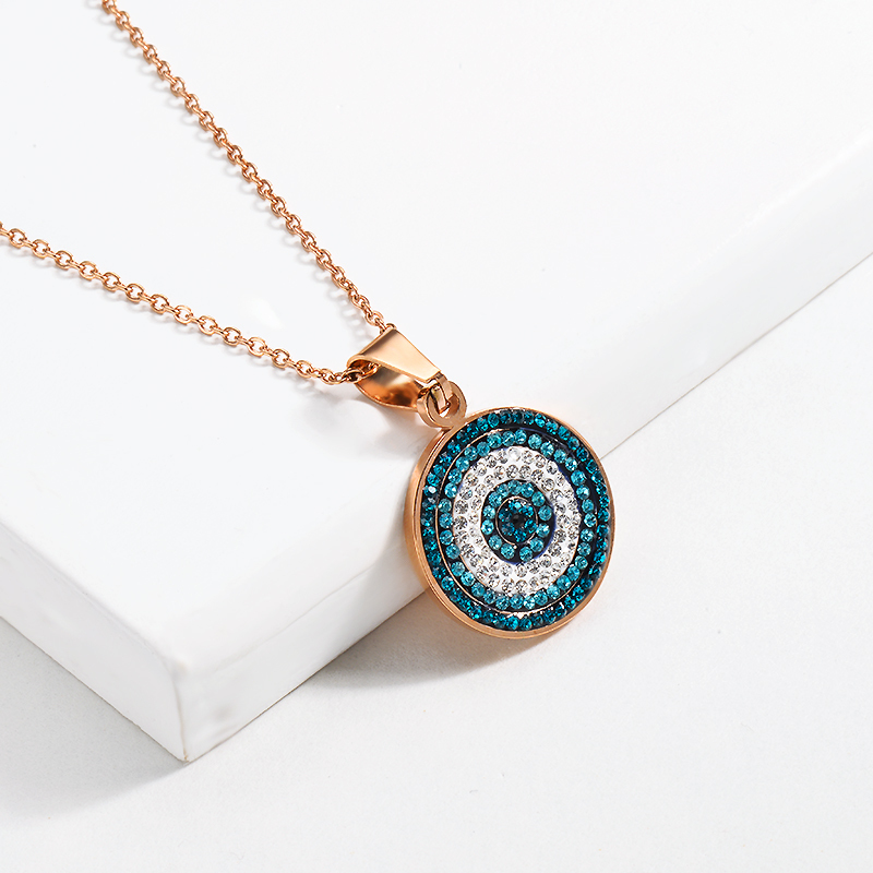 Custom Stainless Steel Gold Silver Plated Jewelry Women Necklace Blue Rhinestone Devil Eye Round Pendant Necklace Gold Chains
