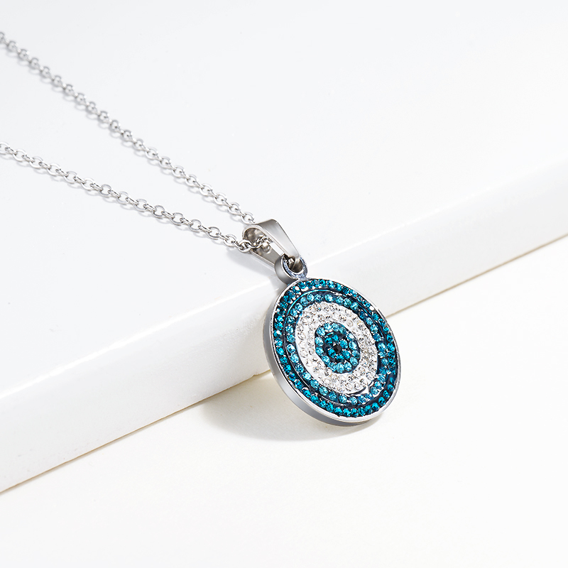 Custom Stainless Steel Gold Silver Plated Jewelry Women Necklace Blue Rhinestone Devil Eye Round Pendant Necklace Gold Chains