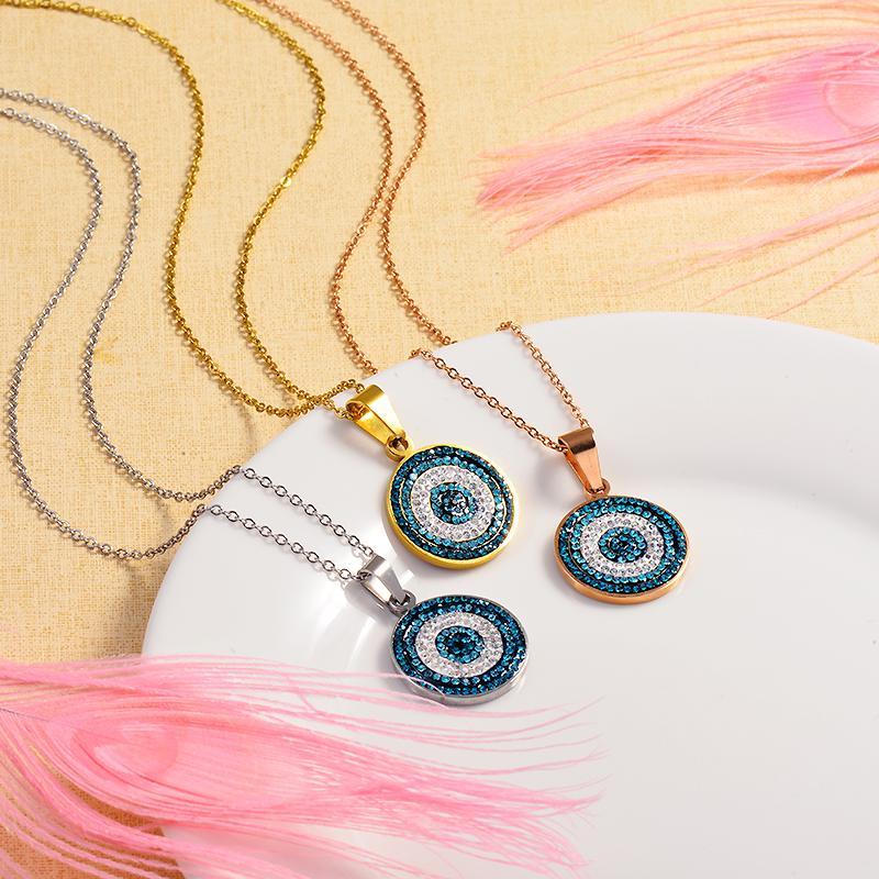 Custom Stainless Steel Gold Silver Plated Jewelry Women Necklace Blue Rhinestone Devil Eye Round Pendant Necklace Gold Chains
