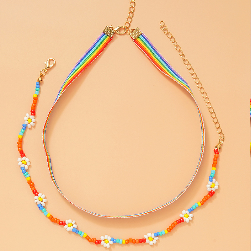 2pcs Flower Decor Rainbow Choker Colorful Ribbon Seed Beads Beaded Necklace Set