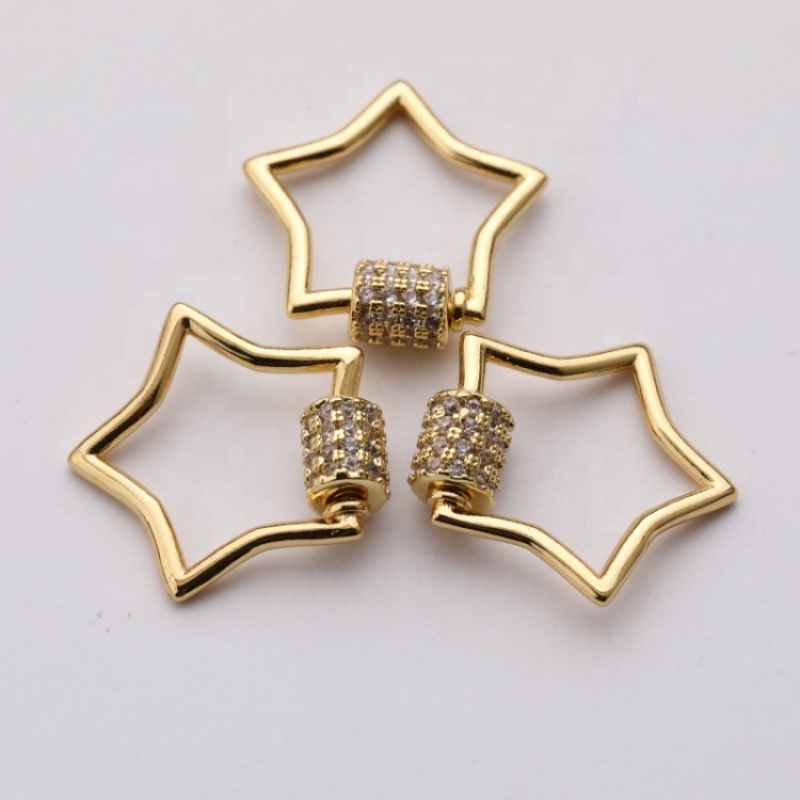 Hot Selling Clear CZ Micro Pave Star Shaped Lock Screw Clasp Carabiner Gold Plated Star Pendant for Necklace Jewelry Making