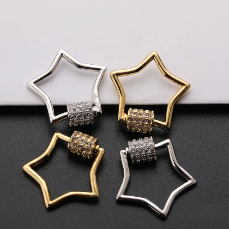 Hot Selling Clear CZ Micro Pave Star Shaped Lock Screw Clasp Carabiner Gold Plated Star Pendant for Necklace Jewelry Making