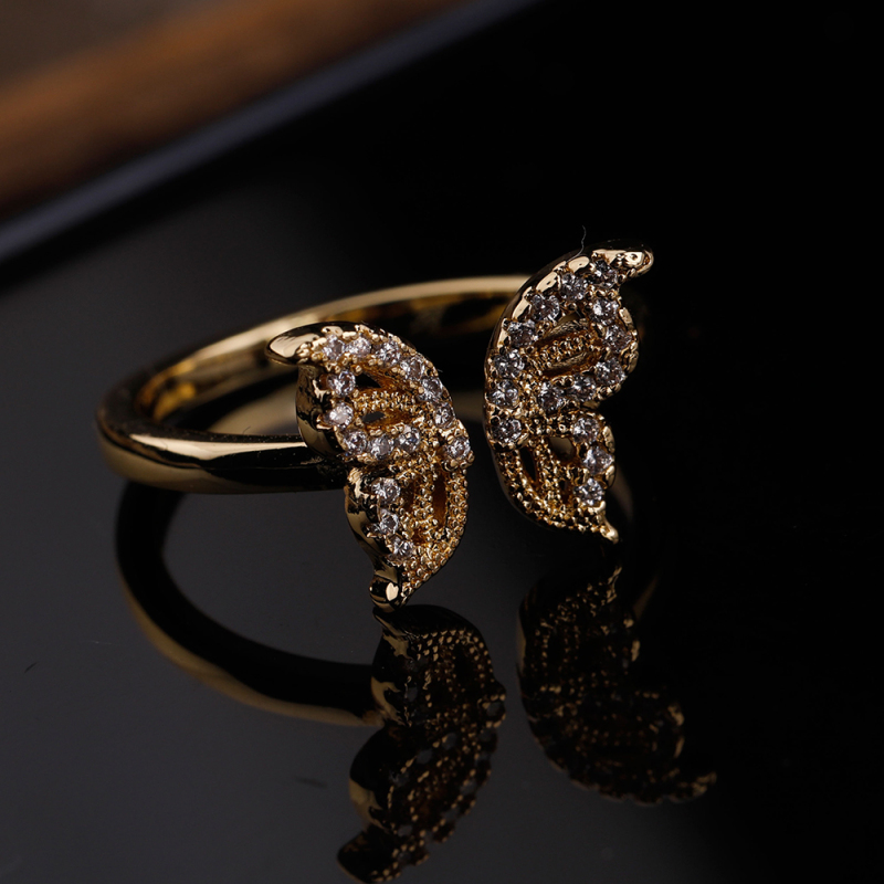 Butterfly Ring Gold And White Zircon Plated Brass Shiny Diamond Jewelry Round Rings Adjustable For Lady Women Party Gift