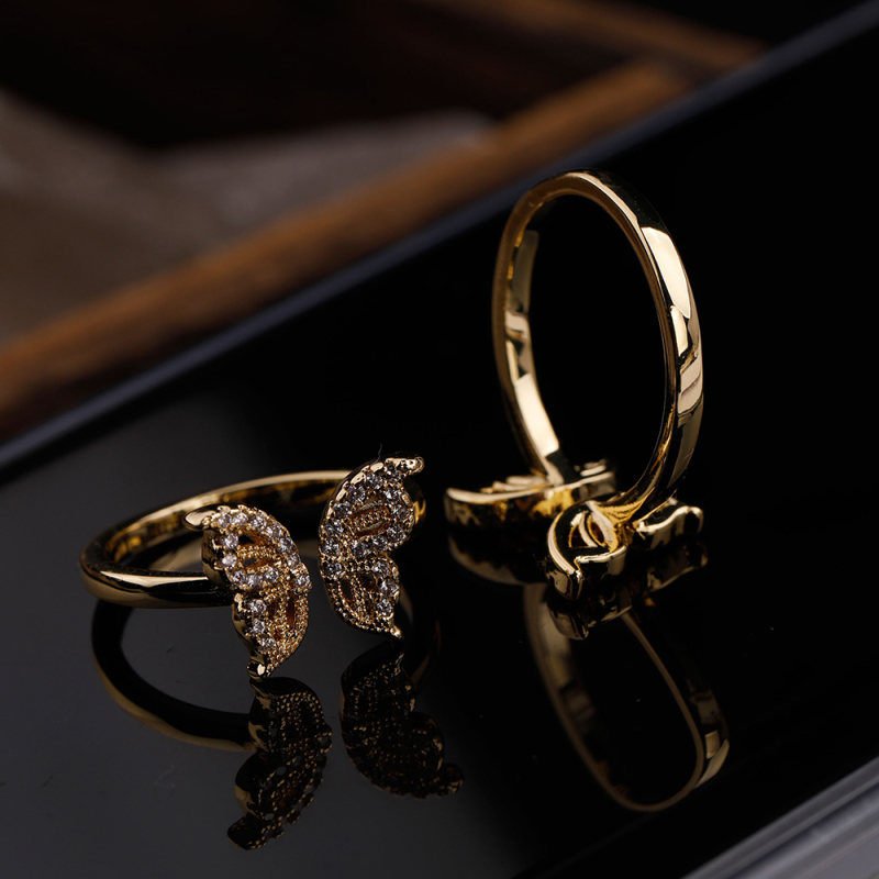Butterfly Ring Gold And White Zircon Plated Brass Shiny Diamond Jewelry Round Rings Adjustable For Lady Women Party Gift