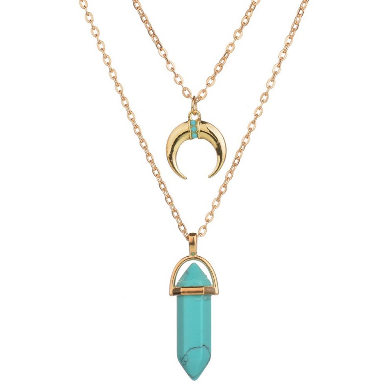 New Fancy Double Layered Gold Chain 6 Colors Stones Pendant Necklace Moon and Gemstone Charm Jewelry Necklace Custom Factory