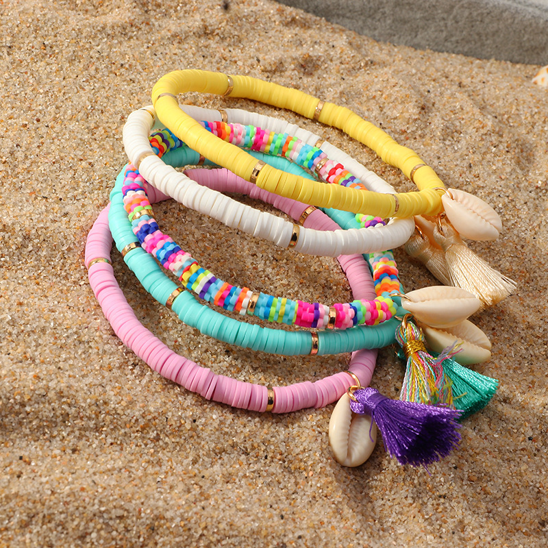 Bohemian Beach Style Simple Colorful Soft Ceramic Bangles Women Accessories Jewelry Handmade Knitting Shell Tassel Bracelet